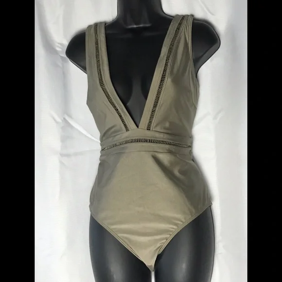 TED BAKER LONDON Pointelle Deep V SwimsuitOne Piece Khaki US 8